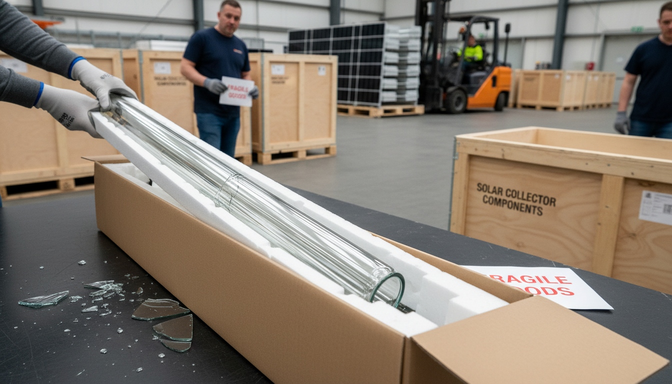 Evacuated tube solar collector components in packaging showing fragile glass tube handling and transport damage risk